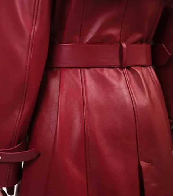 Women’s Belted Red Leather Trench Coat Back