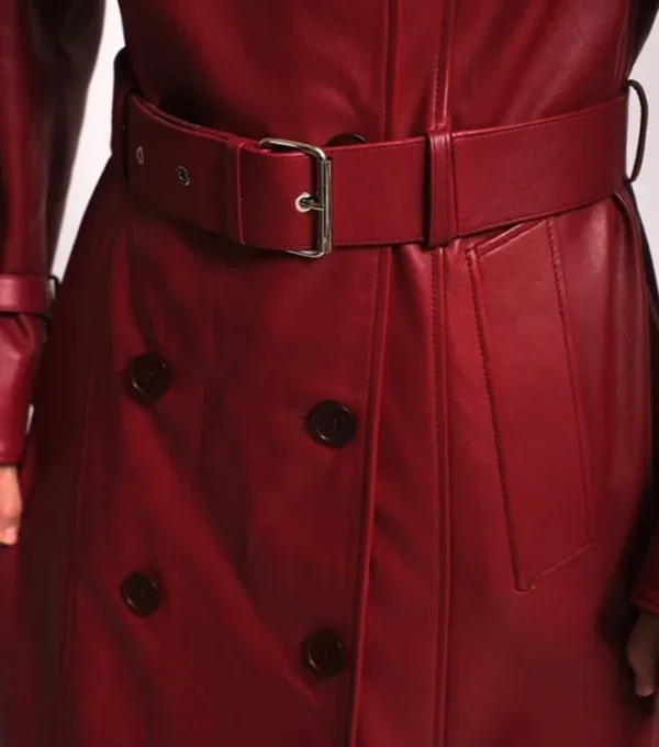 Women’s Belted Red Leather Trench Coat Belted