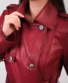 Women’s Belted Red Leather Trench Coat Collar