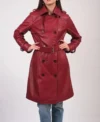 Women’s Belted Red Leather Trench Coat Front