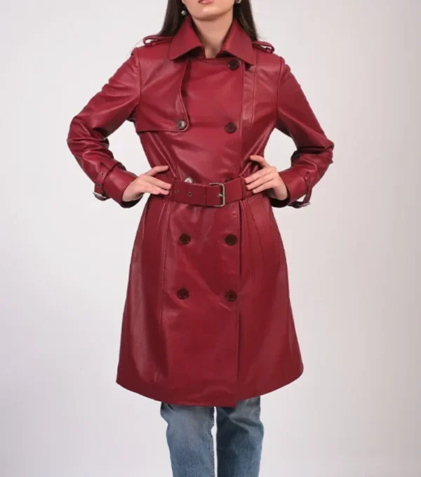 Women’s Belted Red Leather Trench Coat Front