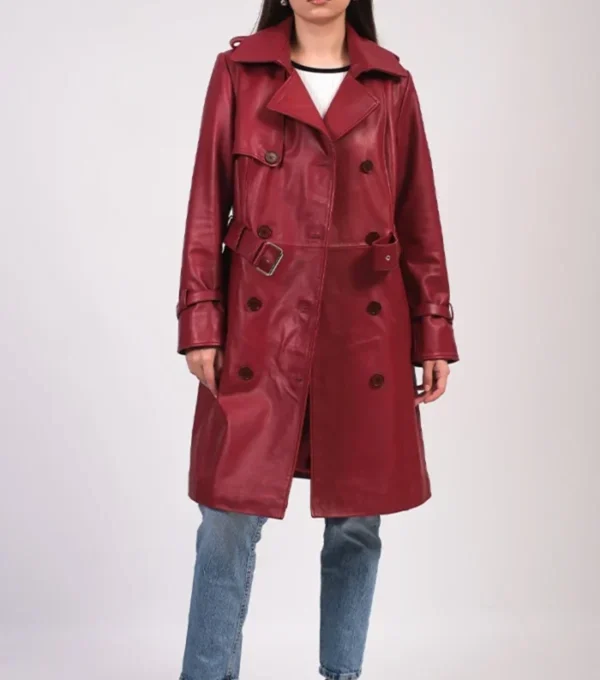 Women’s Belted Red Leather Trench Coat on Sale