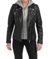 Women's Black Biker Leather Jacket with Attached Hoodie
