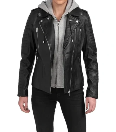 Women's Black Biker Leather Jacket with Attached Hoodie