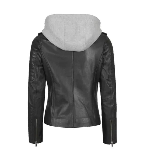 Women's Black Biker Leather Jacket with Attached Hoodie Black