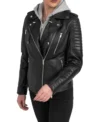 Women's Black Biker Leather Jacket with Attached Hoodie Side Look