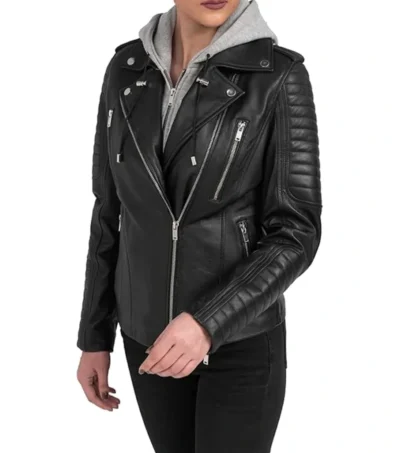 Women's Black Biker Leather Jacket with Attached Hoodie Side Look