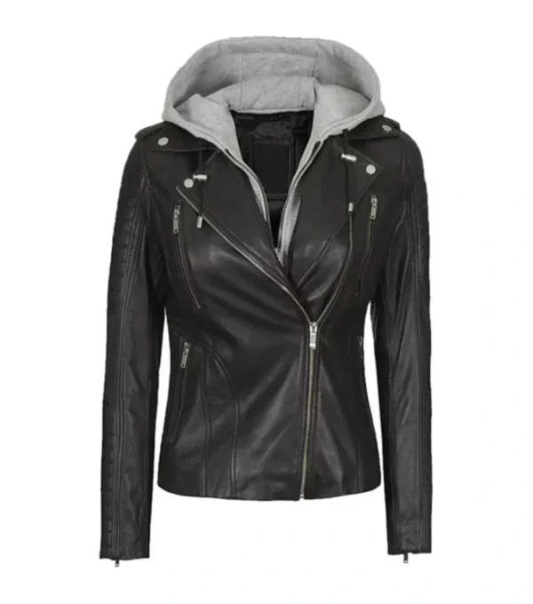 Women's Black Biker Leather Jacket with Attached Hoodie on Sale
