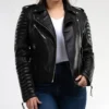 Women’s Black Biker Leather Jacket with Quilted Sleeves