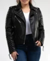 Women’s Black Biker Leather Jacket with Quilted Sleeves
