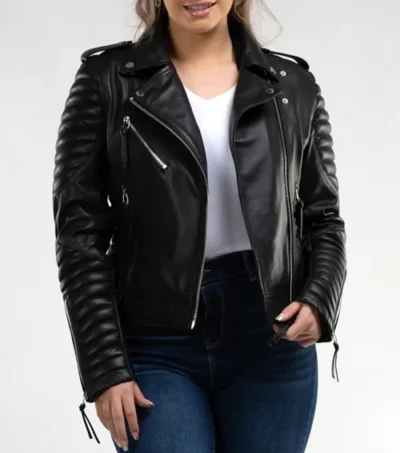 Women’s Black Biker Leather Jacket with Quilted Sleeves