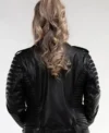 Women’s Black Biker Leather Jacket with Quilted Sleeves Back