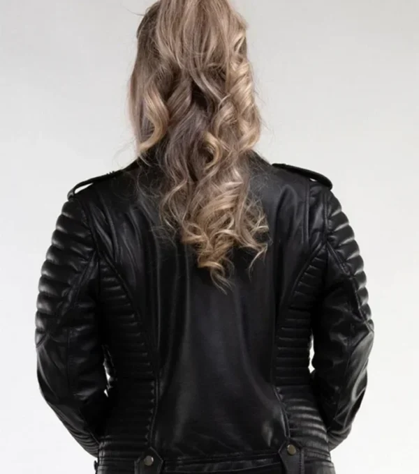 Women’s Black Biker Leather Jacket with Quilted Sleeves Back