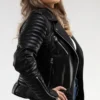 Women’s Black Biker Leather Jacket with Quilted Sleeves Side Look