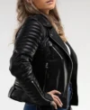 Women’s Black Biker Leather Jacket with Quilted Sleeves Side Look