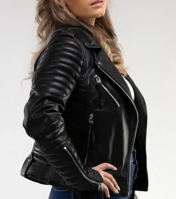 Women’s Black Biker Leather Jacket with Quilted Sleeves Side Look