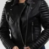 Women’s Black Biker Leather Jacket with Quilted Sleeves on Sale