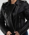Women’s Black Biker Leather Jacket with Quilted Sleeves on Sale