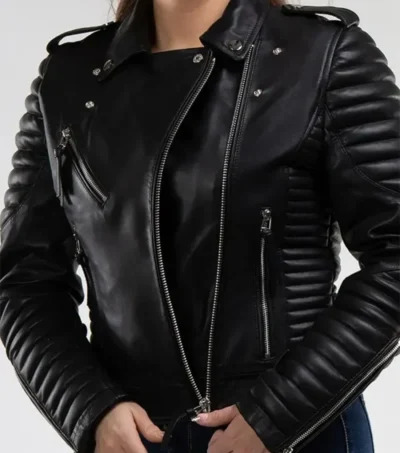 Women’s Black Biker Leather Jacket with Quilted Sleeves on Sale