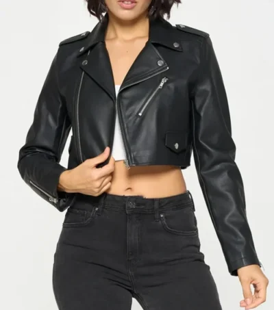 Women's Black Cropped Leather Biker Jacket