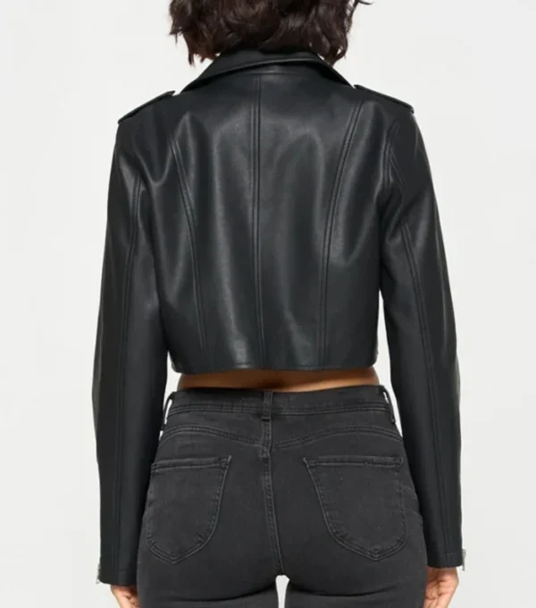 Women's Black Cropped Leather Biker Jacket Back