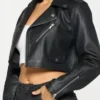 Women's Black Cropped Leather Biker Jacket Closer