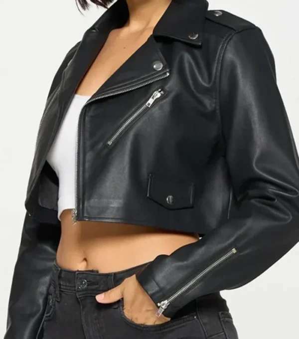 Women's Black Cropped Leather Biker Jacket Closer