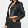 Women's Black Cropped Leather Biker Jacket Side Look