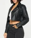 Women's Black Cropped Leather Biker Jacket Side Look