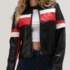 Women’s Black Leather Cafe Racer Jacket with White and Red Stripes
