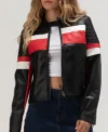 Women’s Black Leather Cafe Racer Jacket with White and Red Stripes