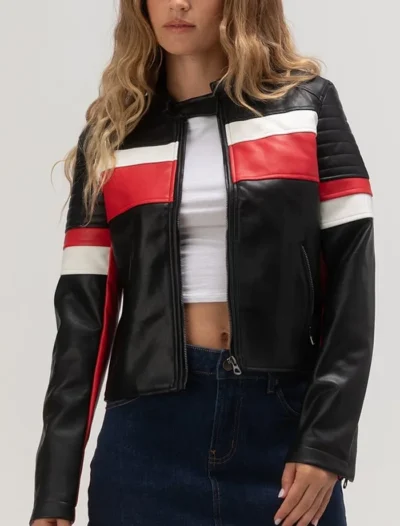 Women’s Black Leather Cafe Racer Jacket with White and Red Stripes