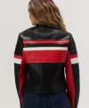 Women’s Black Leather Cafe Racer Jacket with White and Red Stripes Back