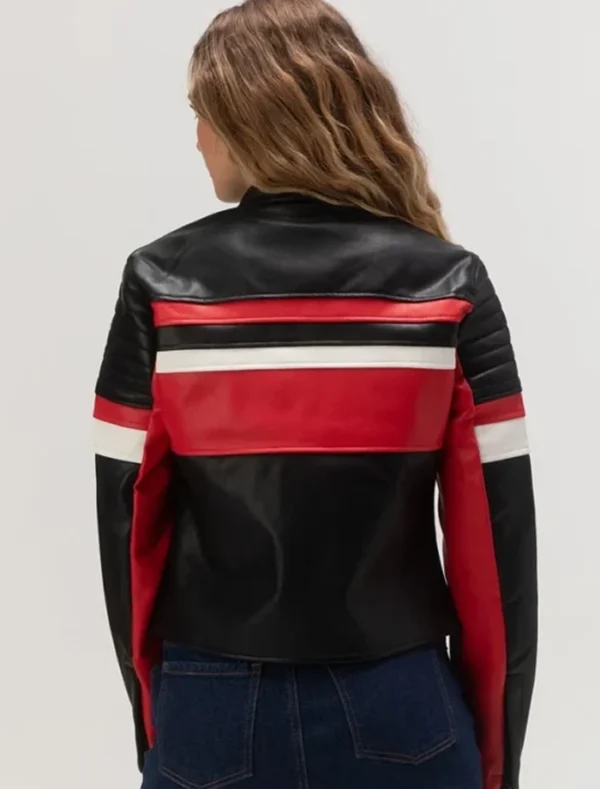 Women’s Black Leather Cafe Racer Jacket with White and Red Stripes Back