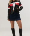 Women’s Black Leather Cafe Racer Jacket with White and Red Stripes Front