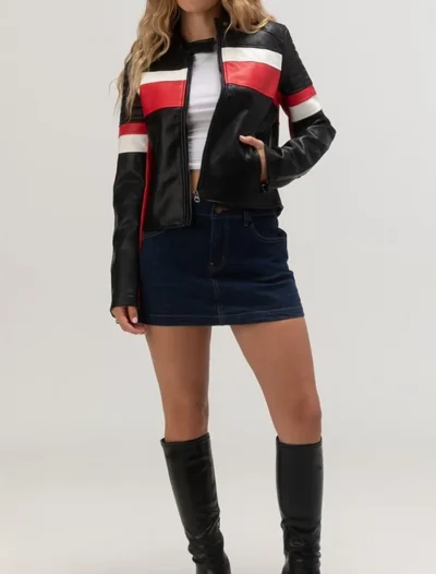 Women’s Black Leather Cafe Racer Jacket with White and Red Stripes Front
