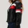 Women’s Black Leather Cafe Racer Jacket with White and Red Stripes Side Look