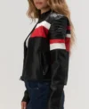 Women’s Black Leather Cafe Racer Jacket with White and Red Stripes Side Look