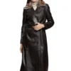Women’s Black Leather Trench Coat with Fur Collar and Belt