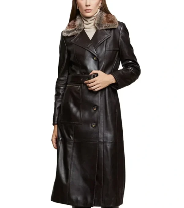 Women’s Black Leather Trench Coat with Fur Collar and Belt