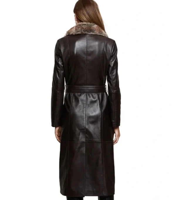 Women’s Black Leather Trench Coat with Fur Collar and Belt Back