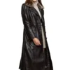 Women’s Black Leather Trench Coat with Fur Collar and Belt Side Look