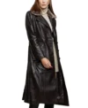 Women’s Black Leather Trench Coat with Fur Collar and Belt Side Look