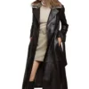 Women’s Black Leather Trench Coat with Fur Collar and Belt on Sale