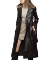Women’s Black Leather Trench Coat with Fur Collar and Belt on Sale