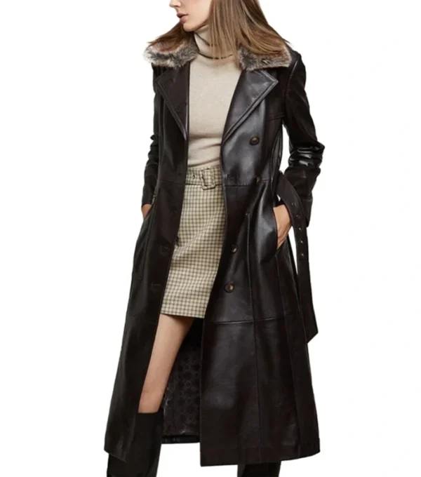 Women’s Black Leather Trench Coat with Fur Collar and Belt on Sale