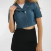 Women's Blue Cropped Leather Motorcycle Jacket