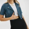 Women's Blue Cropped Leather Motorcycle Jacket Front Look