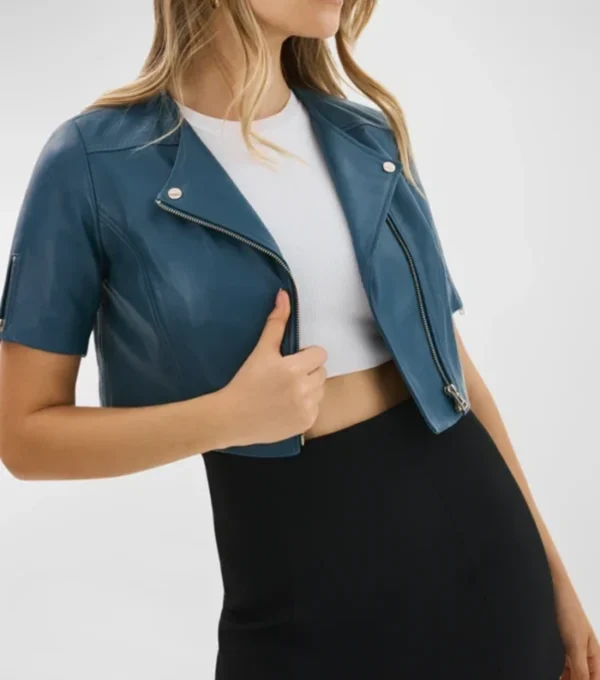 Women's Blue Cropped Leather Motorcycle Jacket Front Look