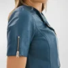 Women's Blue Cropped Leather Motorcycle Jacket Side Look